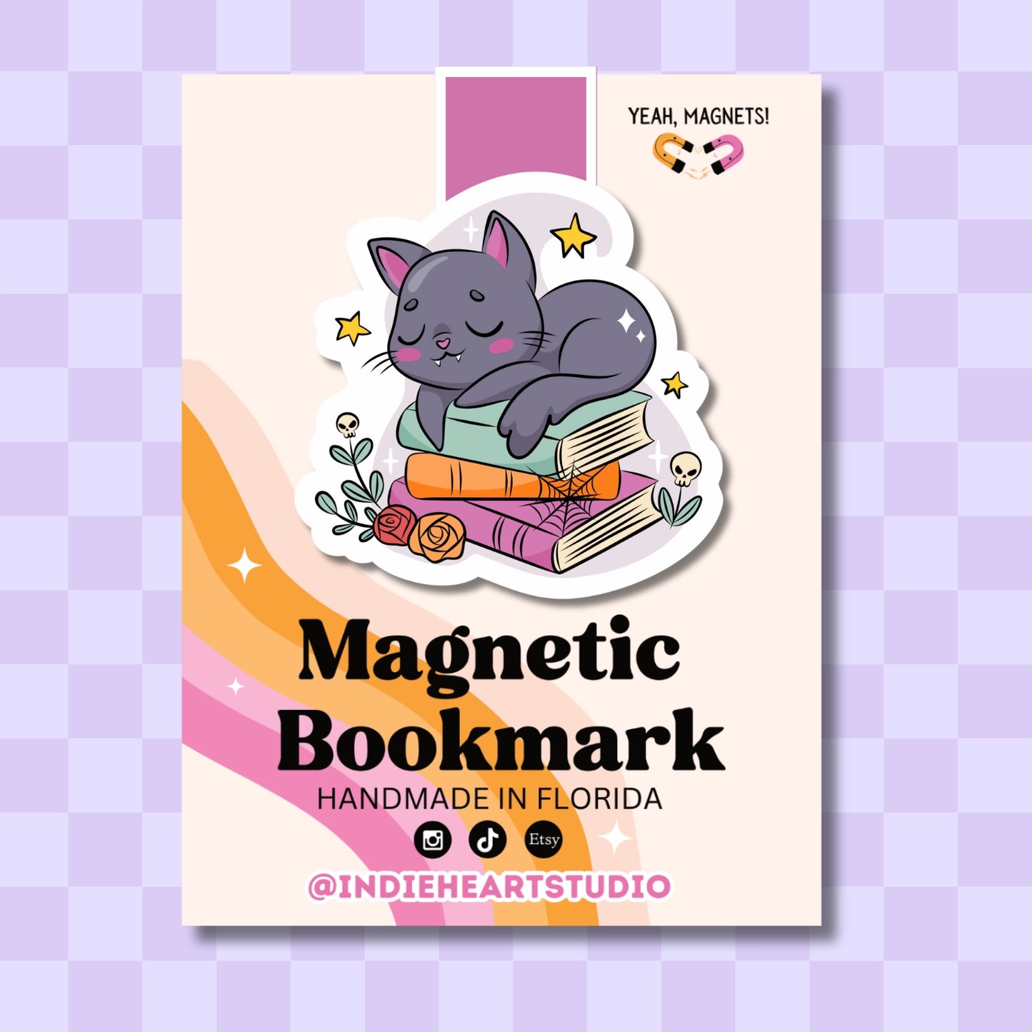Vampurrr Cat with Books Magnetic Bookmark